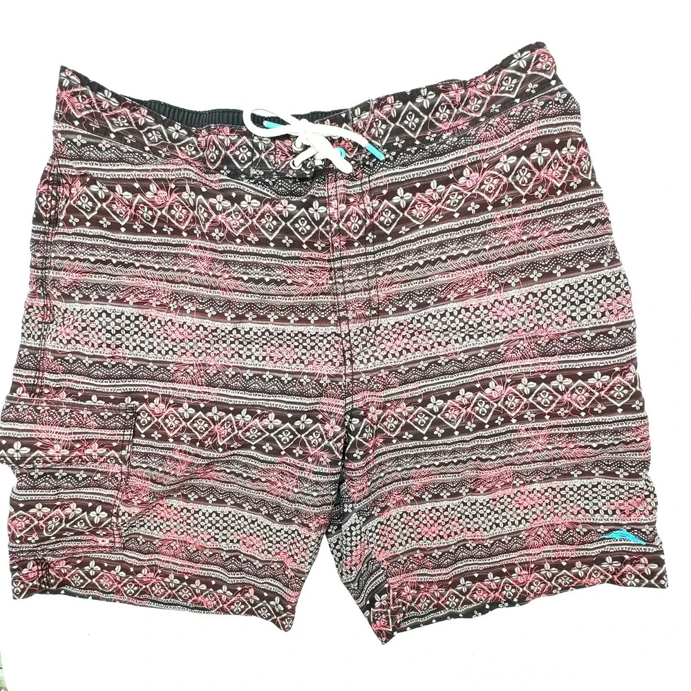 TOMMY BAHAMA Men's Large Brown Pink White Boho Baja‎ Bora Bora Batik Swim Shorts